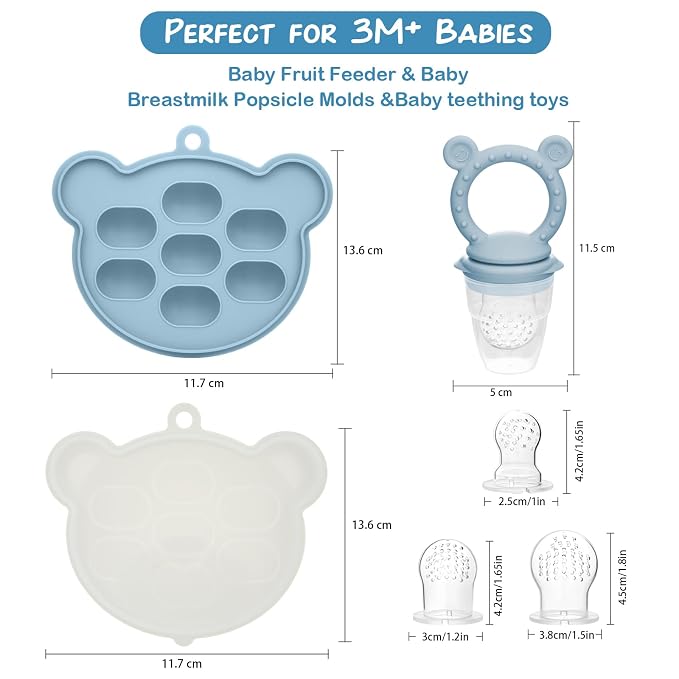 Baby Breastmilk Popsicle Molds & Fruit Feeder (2 Pack), Baby Food Freezer Tray Storage Containers, Silicone Teething Pacifier Feeder and Teether for Babies - Sky Blue