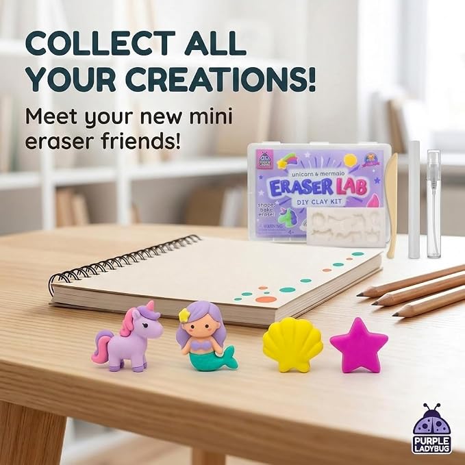 PURPLE LADYBUG Eraser Lab Mermaid & Unicorn Eraser Making Kit - Birthday Gift for Girls Ages 5-10, Make Your Own DIY Clay Eraser Kit, Gift for 7 Year Old Girl, Back to School Supply