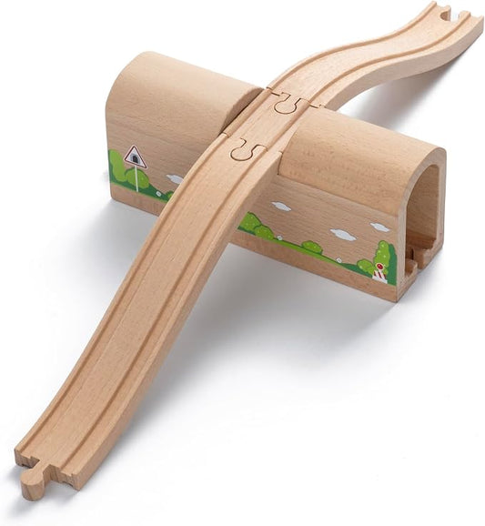 Wooden Train Track Bridge & Tunnel Set, Railway Expansion Kit with Ascending & Descending Ramp Tracks, Compatible with Major Wooden Train Systems, for Kids Creative Play and Learning