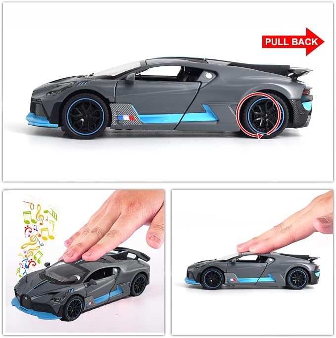 1:32 Bugatti Toy Car Divo Metal Model Diecast Cars with Light and Sound Pull Back Toy Cars for Boys Kids Gift (Divo-Grey)