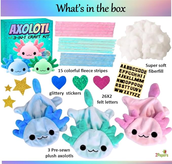 3-in-1 DIY Axolotl Plush Toys Arts and Crafts Kit for Kids, No Sew Axolotl Pillow Stuffed Animal Craft Set, Squishy Plushie STEM Sensory Toy & Birthday Gift for Girls & Boys Age 3 4 5 6 7 8 9 Year Old