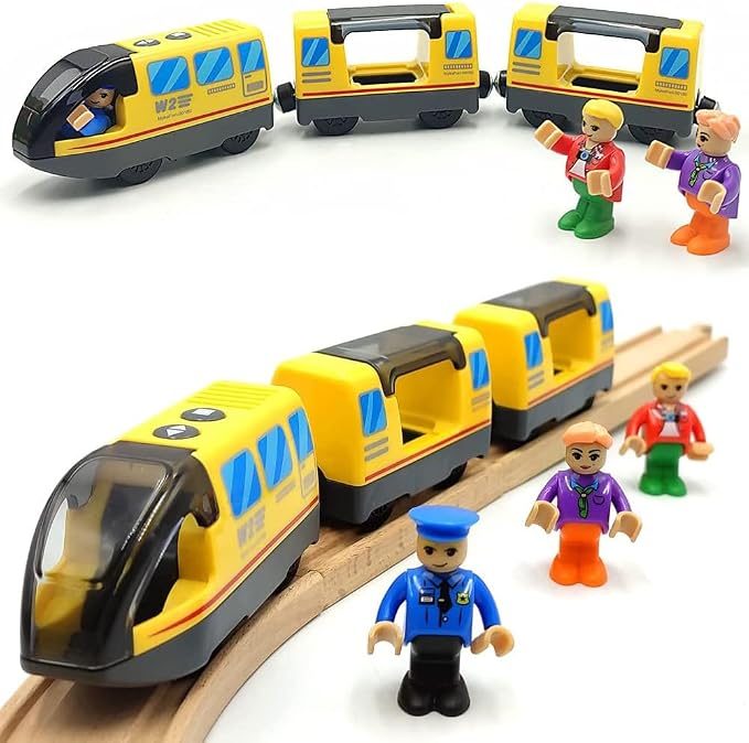 Battery Operated Locomotive Train Set for Wooden Train Tracks Magnetic Connection, Powerful Engine Bullet Train Set Compatible with Thomas, Brio, Melissa and Doug, Electric Train Toys for Toddlers