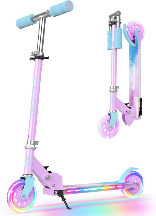 BELEEV V1 Scooters for Kids, 2 Wheel Folding Kick Scooter for Girls Boys, 3 Adjustable Height, Light Up Wheels, Lightweight Scooter with Sturdy Frame, Kickstand for Children 3 to 12 Years Old