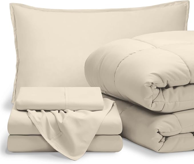 Bare Home Bed-in-A-Bag 5 Piece Comforter & Sheet Set - Twin XL - Goose Down Alternative - Ultra-Soft 1800 Premium Bed Set (Twin XL, Sand/Sand)