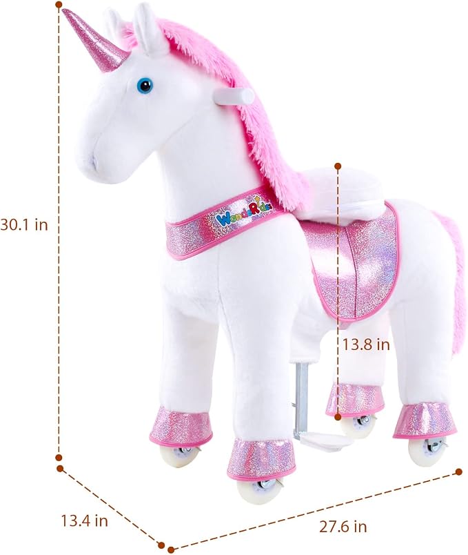 WondeRides Ride on Unicorn Pink Riding Horse Toys Size 3 for Age 3-5 Years, 30.1 inch Height Plush Riding Unicorn Pony Ride on Horse Toy Giddy up Rocking Mechanical Walking Animal with Wheels M331