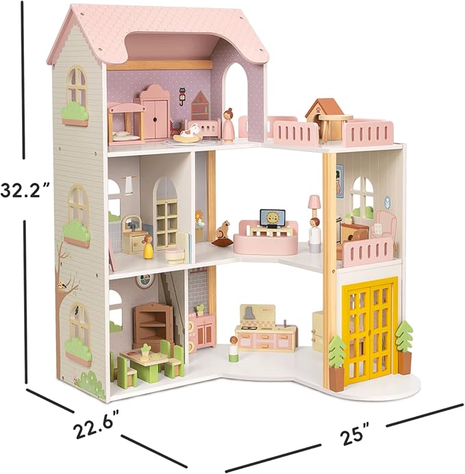 OOOK Wooden Dollhouse with 60 Pcs Luxurious Furniture Accessories, Including 4 Dolls and 2 Pets, Large 3-Story Doll House with 6 Rooms, Doll House for 3 Year Old