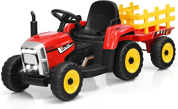 HONEY JOY Ride On Tractor with Trailer, Toddler 3-Gear-Shift Ground Loader, LED Lights, Horn, Music, 12V Battery Powered Electric Toy Tractor with Remote Control (Red)