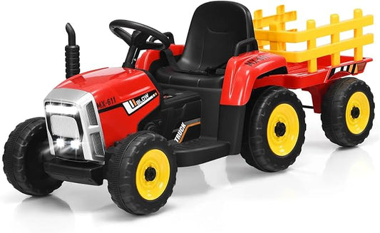 HONEY JOY Ride On Tractor with Trailer, Toddler 3-Gear-Shift Ground Loader, LED Lights, Horn, Music, 12V Battery Powered Electric Toy Tractor with Remote Control (Red)