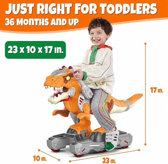 Dinosaur Ride-On Scooter for Toddlers – Electric Push & Ride Foot-to-Floor Sliding Rideable Toy with Music, Lights, Mist Spray for Boys & Girls - Orange (Orange)