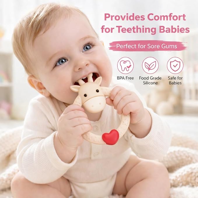 SHARE&CARE Silicone Giraffe Baby Teether Toy with Storage Case, for 3 Months Above Infant Sore Gums Pain Relief, Baby Teething Toys, Women Gift for Mom, Wife, Her (Cream)