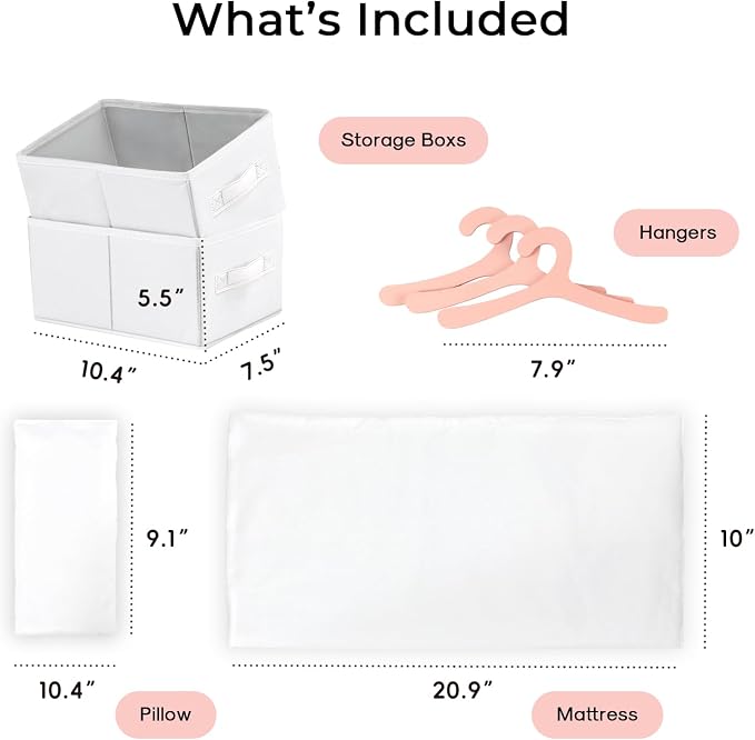 OOOK Baby Doll Crib, Wooden Baby Doll Bed and Changing Table, Dollhouse Furniture with Two Storage Box, Bedding and Coat Hangers, Nursery Playset Suitable for Dolls Under 22 Inches, Pink