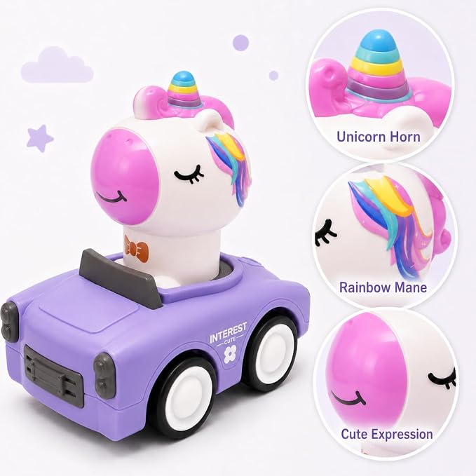 Press and Go Car Toys for Toddler Girls 1-3, 4 Pack Unicorn Vehicles | 4 colorful unicorn cars for toddler girls, press-and-go play, sharing races, birthday gifts, and screen-free floor fun