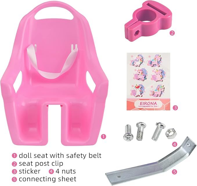 Doll Bike Seat for Girls – Bicycle Doll Chair for 12–20 Inch Kids Bikes, Fits American Girl Dolls, Pink