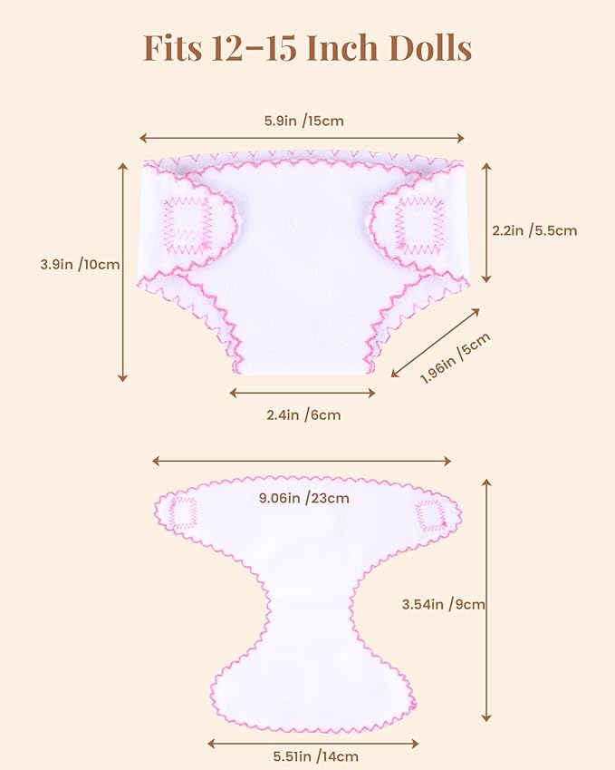 BABESIDE 6 Baby Doll Diapers, Reusable Diaper Accessories for 12-15 Inch Baby Dolls, Pretend Play Set
