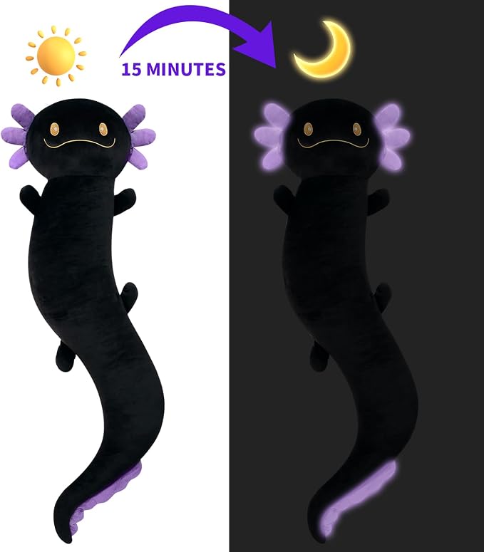 Tianmihou 48 inch Giant Axolotl Plush Stuffed Animal, Big Black Axolotl Glow in The Dark Fluorescent Plushies, Jumbo Salamander Body Pillow Gifts for Kids Adults, Birthday
