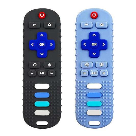 ROBBEAR Baby Teething Toys, Food Grade Silicone Teether for Babies 3 6 12 18 Months, TV Remote Shape Toddlers Chew Toys, Freezer BPA Free (Black+Blue)
