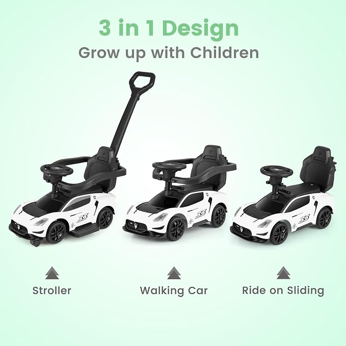 OLAKIDS Push Car for Toddlers, Licensed Maserati 3 in 1 Baby Ride on Sliding with Parent Control Handle, Universal Wheels Safe Guardrails Under Seat Storage, Kids Walking Toy with Music Horn (White)