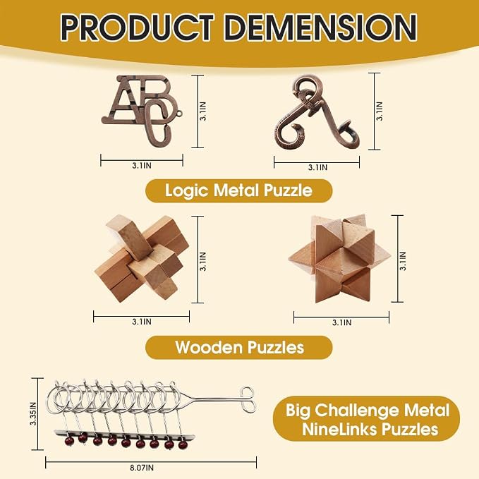 24PCS Brain Teaser Puzzles for Adults, Mind Puzzle Ancient Wooden and Metal Puzzles 3D Unlock Interlock IQ Puzzle Box Game for Adults