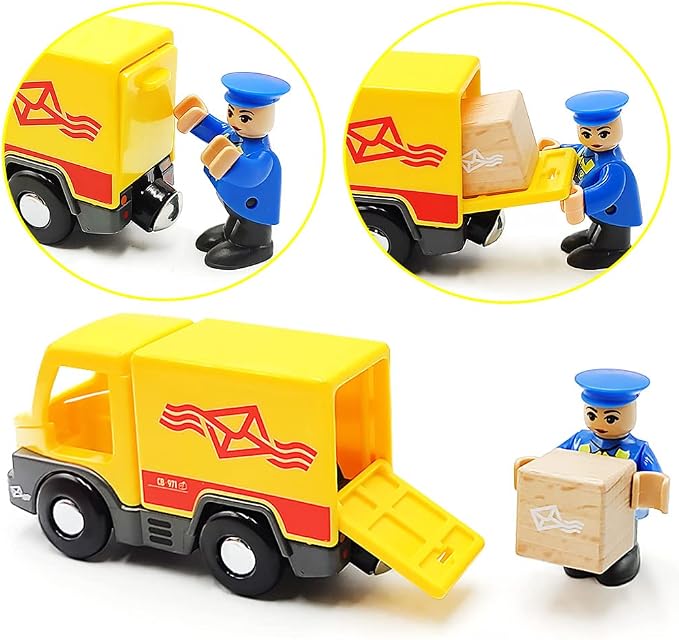 DSHMIXIA Garbage Mail Truck Small Toys Cars for 3 5 Year Old Boys Magnetic Couplings City Vehicle for Wood Train Set for Children Inside Outside Toys (City Set)