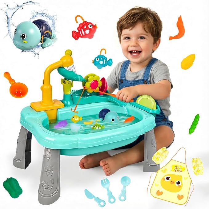 Mini Water Table for Toddlers, 360° Electric Faucet Play Sink with Fishing Game Running Water Play Sink with Fishing Play, Sensory Activity for 3+ year Olds, Perfect for Outdoor & Indoor Use