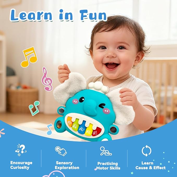 Cute Elephant Piano for Baby Musical Toys 18M+, Early Learning Light up Music Keyboard Infant Toy Perfect Christmas Birthday Gifts for Boy & Girl Age 2 3 Years Old (Blue-Elephant)