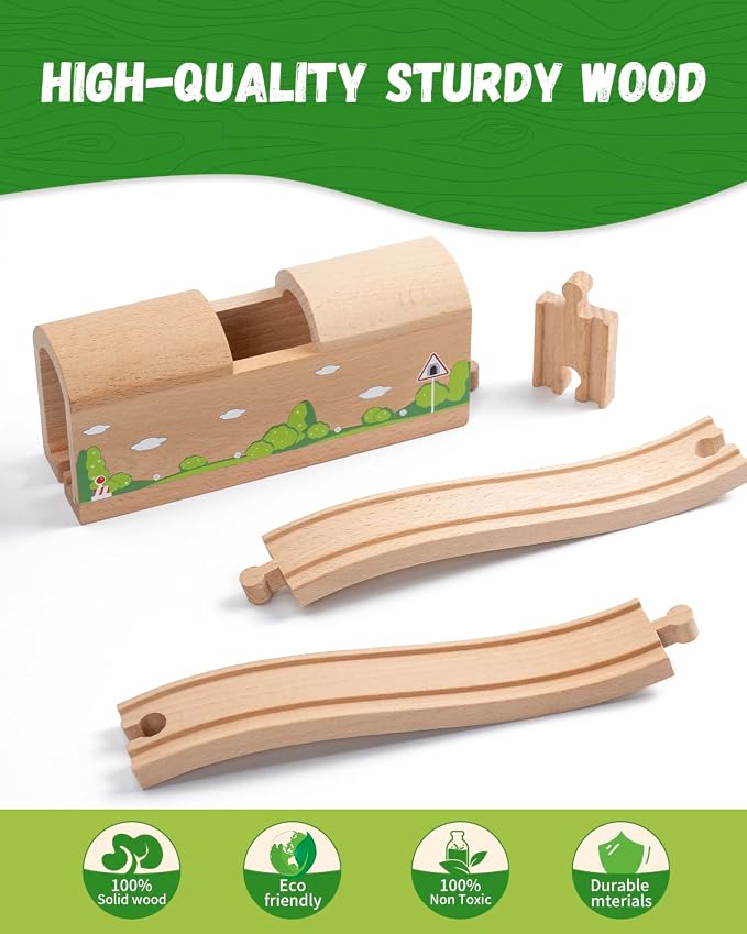 Wooden Train Track Bridge & Tunnel Set, Railway Expansion Kit with Ascending & Descending Ramp Tracks, Compatible with Major Wooden Train Systems, for Kids Creative Play and Learning