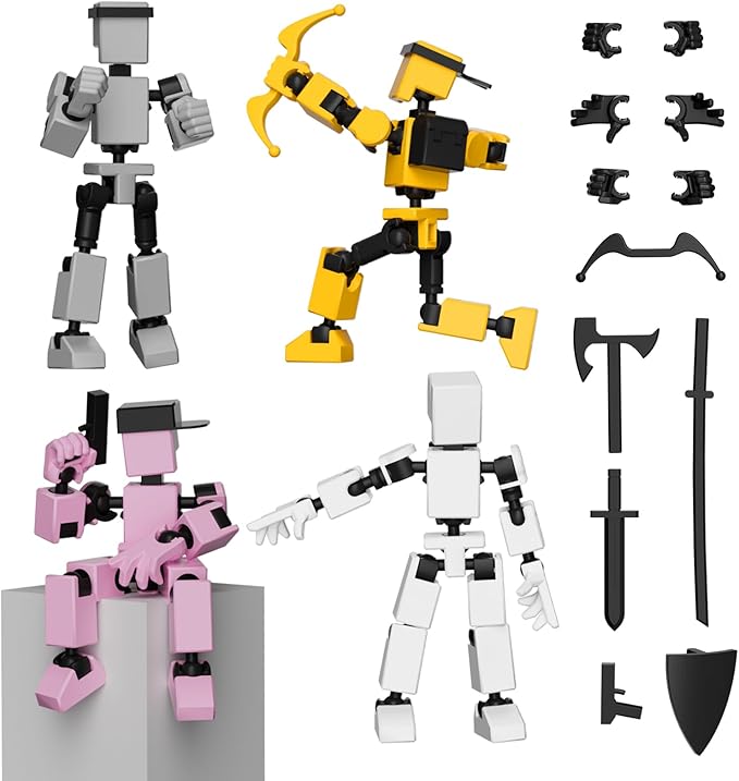 4PCS Mini Titan T-13 Action Figures Set, Assembly Completed Luck Dummy Robot 13 Action Figure Toys for Boys Stick Figures with Multi Joints Movable Fidget Gifts for Kids(White+Gray+Yellow+Pink)