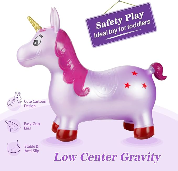 INPANY Unicorn Bouncy Horse Toys, Toddler Inflatable Unicorn, Bouncy Pals | Eco-Friendly PVC, Low Center Gravity, Cute Cartoon Design, Load 100 Lbs, Learn & Exercise & Active Fun, Gifts for 1-3 Kids