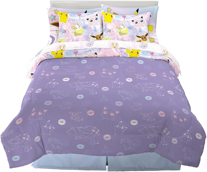 Pokémon Eevee, Pikachu, Jigglypuff Girl Bedding Soft Cozy Reversible Microfiber Comforter and Sheet Set with Sham, 7 Piece Full Size, (Official Licensed Product) By Franco Kids
