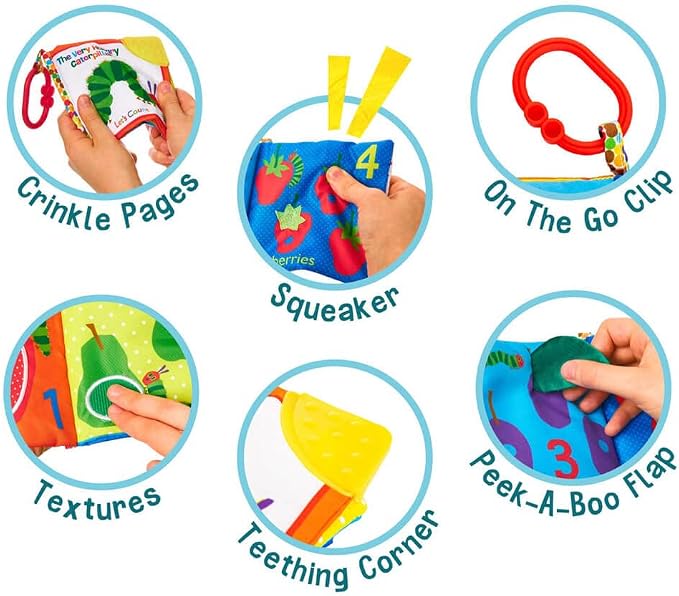KIDS PREFERRED Let's Count Soft Book - World of Eric Carle the Very Hungry Caterpillar Baby on the Go Clip Teething Crinkle Soft Sensory Book for Babies, 5.25x5.25 Inch (Pack of 12)