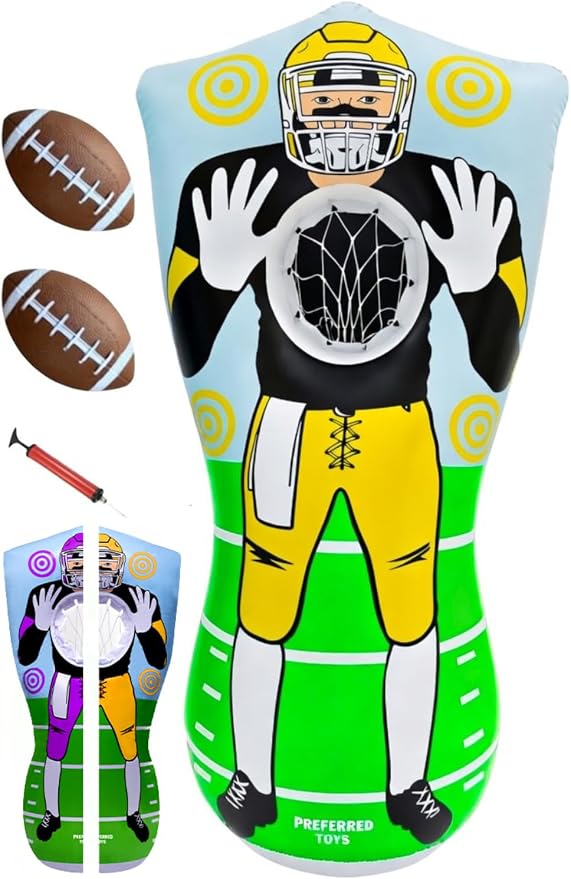 Preferred Toys 65” Inflatable Football Target Net Toss Game - Double-Sided Throwing Practice Football Stuff with Mini Balls - Backyard Tailgate Party Sports Toy for Kids & Adults