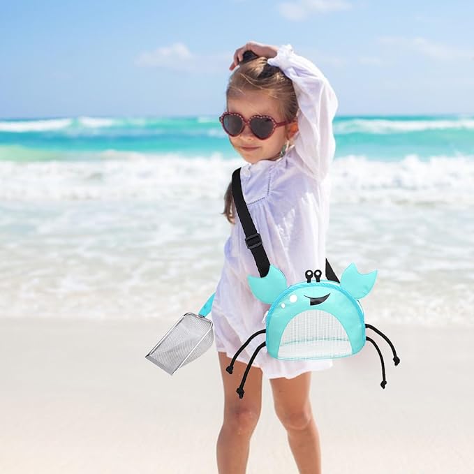 4PCS Beach Toy Mesh Shovel and Mesh Beach Bag Seashell Bag,for Sand Filter & Collect Shells,Sand Sifter Shell Collecting Tools(Blue-Pink Crab)