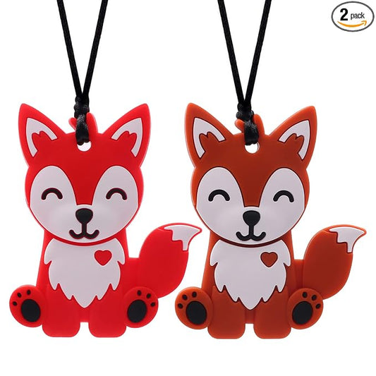Chew Necklaces for Sensory Kids Boys and Girls, 2 Pack Fox Silicone Chewy Necklace for Autism, ADHD, SPD, Chewy Oral Motor Chewing Toy for Adults