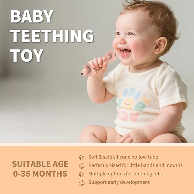 6pk Baby Teether Straws Silicone Teething Tube Stick Toy for 0-12M | Shielded Tube Teethers Sensory Toys, Soothing Infant Teething Straws, Hollow Textured Chew Sticks for Toddlers Relief