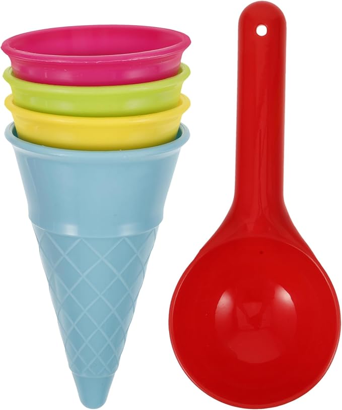 SEWACC 5pcs Plastic Sand Ice Cream Cones and Scoop Kids Sand Mold Set Seaside Play Beach Toys for Outdoor Seaside (Random Color)