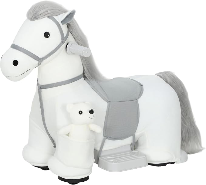 Qaba 6V Kids Ride on Horse, Battery Powered Ride on Toy, Electric Riding Pony with Bear Toy, Music, Soft Touch, PU Wheels, Foot Pedal, Forward, for Girls Boys Aged 1.5-5 Years, White