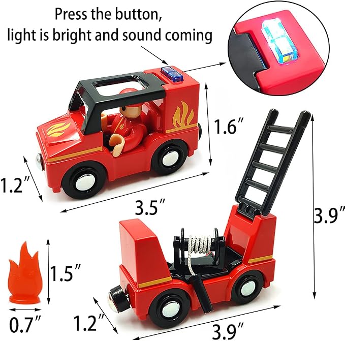Wooden Train Cars Track Accessories Set Rescue Fire Truck Small Vehicles Magnetic Train Cars Fit for Wooden Train Track Railway for Boys and Girls (Fire Truck(with Light and Sound))