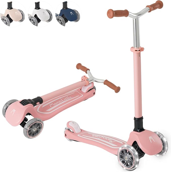 MomnLittle 3 Wheel Toddler Scooter for Kids Ages 3-10, Foldable Scooter with LED Light-Up Wheels, Lean-to-Steer Design, Mini Basket & 4 Adjustable Heights, Scooter for Boys and Girls