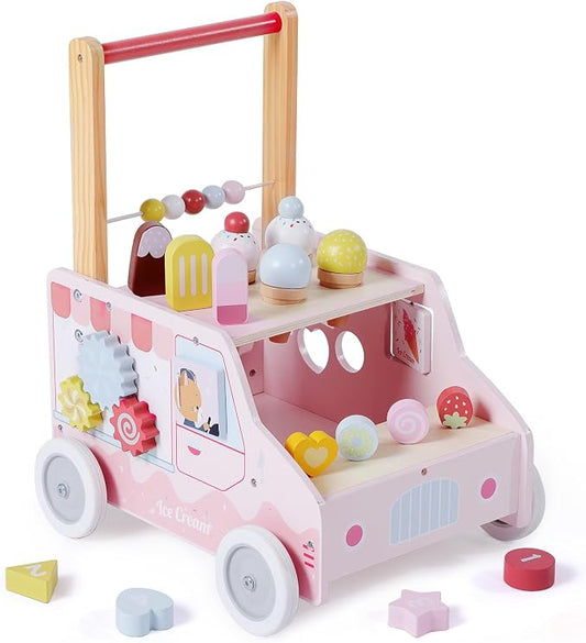labebe Wooden Push Walker, Push Activity Walker for Kids 12M+, Multifunctional Ice Cream Cart Activity, Adjustable Speed Learning Walking with Wheels, Birthday Gift for Girls Boys Ages 1-3 (Pink)