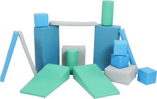 ECR4Kids SoftZone Builder Stacking Blocks and Shapes, Beginner Playset, Contemporary, 16-Piece