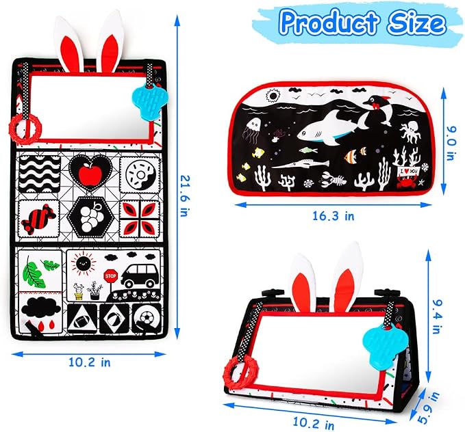 Tummy Time/Baby Mirror Toys, Black and White High Contrast Tabletop Mount Baby Newborn Toys 0 3 6 Months Brain Development, Sensory Texture Piano Infant Toys 0 3 6 Months with Squeaker