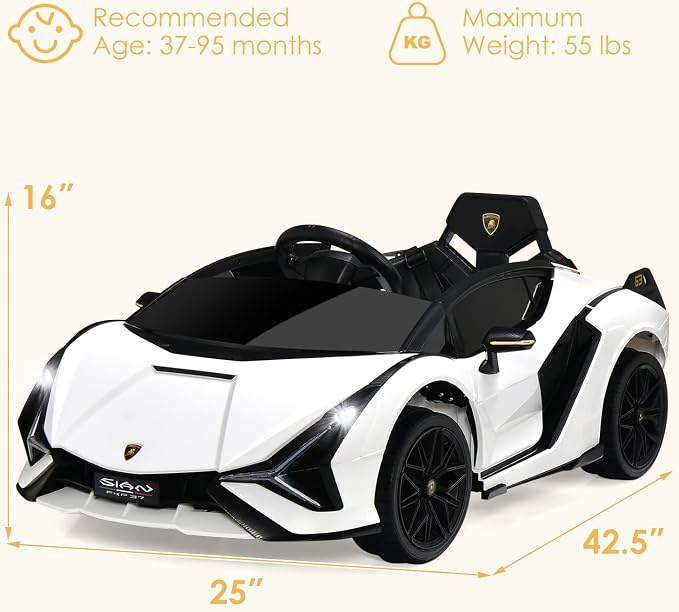 OLAKIDS Kids 12V Licensed Lamborghini SIAN Ride On Car, Electric Vehicle for Toddler with Control Remote, Battery Powered Toy with Music, Horn, 2 Speeds, Suspension, LED Lights, Bluetooth, USB (White)