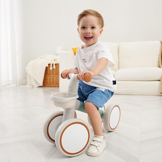 Kid's Balance Bikes for 1 Year Old Boys and Girls, 12-24 Months Toddler Ride-on with Adjustable Seat and a Front Basket, First Birthday Gifts Light Khaki