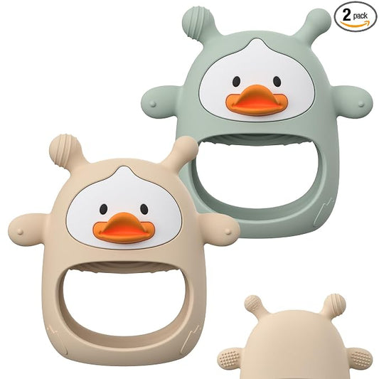 2 Pack Baby Teething Toys for 3-6 6-12 Months, Upgraded Silicone Teething Mitten with Anti-Dropping Wrist Design, Soft Sensory Baby Teether Toys, BPA Free Infant Chew Toys,Green & Nude（Duck）