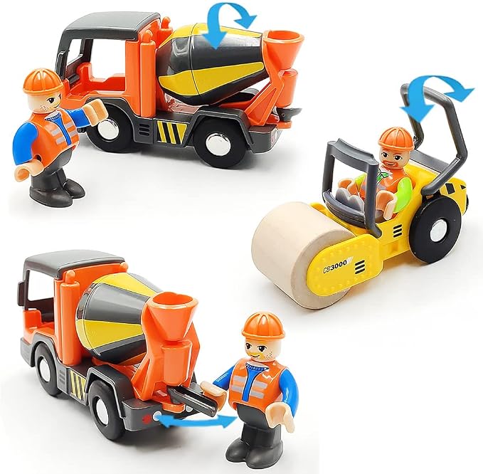 Wooden Train Cars Track Accessories Set Rescue Roller Truck and Mix Truck Toys Small Vehicles Magnetic Train Cars Fit for Wooden Train Track Railway for Boys and Girls (Engineering Set)