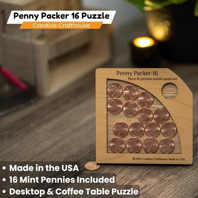 Creative Crafthouse Penny Packer 16 Wood Coin Packing Puzzle for Adults | All the pennies you need are included. Lay each piece flat to find the one solution. A desk and coffee table gift