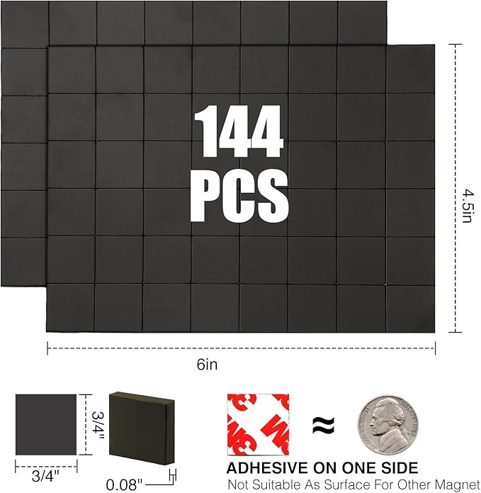 Magnetic Squares with Adhesive Backing(144PCS Each 3/4" x 3/4"),Self Sticky Pre-Cut Magnet Tape Strip for Classroom Decor,Family Activities,Peel and Stick for Cards/Picture/Poster (80mil Magnet)