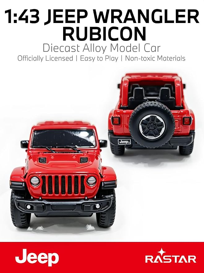 RASTAR 1/43 Diecast Model Car Jeep Wrangler Rubicon, Durable, 59000 | Officially Licensed, Ideal Gift, Zinc Alloy, Smooth Rolling Wheels, Great for Play & Display for Kids & Car Lovers Ages 3+