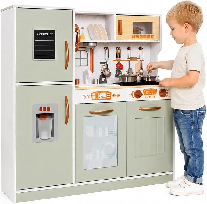 TOUCH US Wooden Play Kitchen Toy Set with Light, Kids Children Pretend Toy Kitchen Playset, Sink Play Toy Oven with Microwave,Toddler Cooking Set Toy for Ages 3+ Baby Girls Boys (Green)
