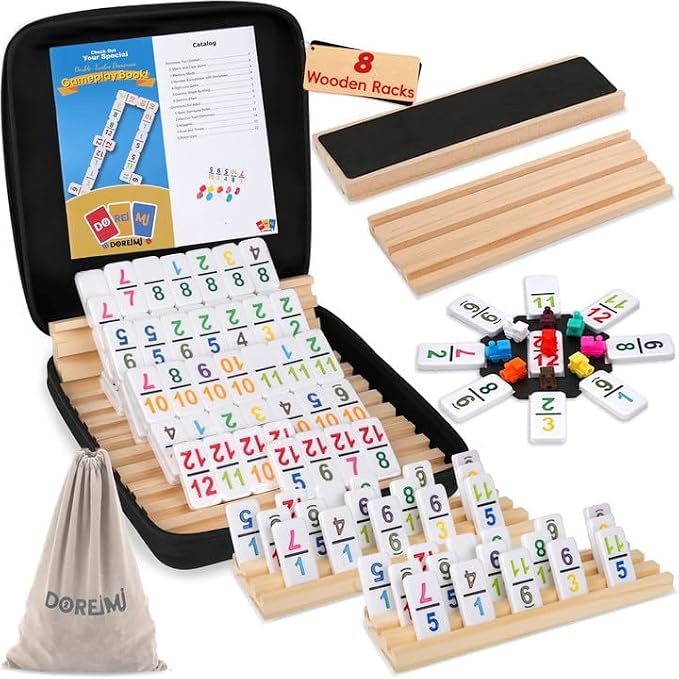 Doreimi Mexican Train Dominoes Set Numbers and 8 Wooden Holders, Double 12 Travel Domino Train Game with 91 Colored Tiles and Protable Case, Number Domino Set for Kids, Adults Family Board Team Games